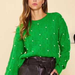 Skies are Blue Green Cable Knit Crochet Pearl Embellished Crew Neck Sweater XS